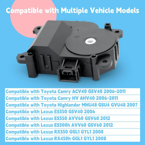 HVAC Blend Door Actuator Featuring Crisp Climate Control And No Sweat Upgrades For Toyota Camry Models and Lexus ES350 Vehicles, black part.