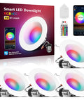 Smart 3 Inch Recessed LED Downlights 12 Pack With RGBCW Multicolor And Tunable White 2700K To 6500K Dimmable WiFi Bluetooth Alexa And Google Home Compatible Remote Control Included, box and lights shown