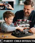 Father and son assembling Badass Tiger Tank Engine Building Blocks Set 1236 Pieces Heavy Duty Military Mechanical Gear Model Kit.