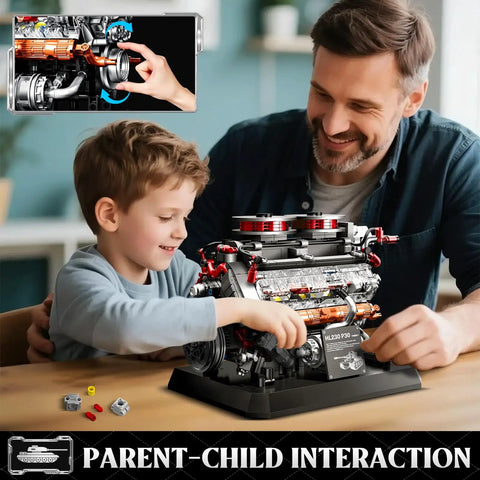 Father and son assembling Badass Tiger Tank Engine Building Blocks Set 1236 Pieces Heavy Duty Military Mechanical Gear Model Kit.
