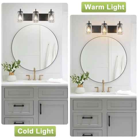 Mason Jar Vanity Glass Wall Lights Black Wall Sconce For Bathroom Farmhouse Decor, Modern Rectangular Backplate Mount, Lit Ambient Glow For Living Room Bedroom Kitchen Powder Room And Hallway