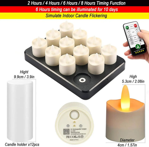Rechargeable Flameless LED Tea Lights With Remote And Timer Waterproof Battery Operated Votive Candles Charging Base 12-Pack