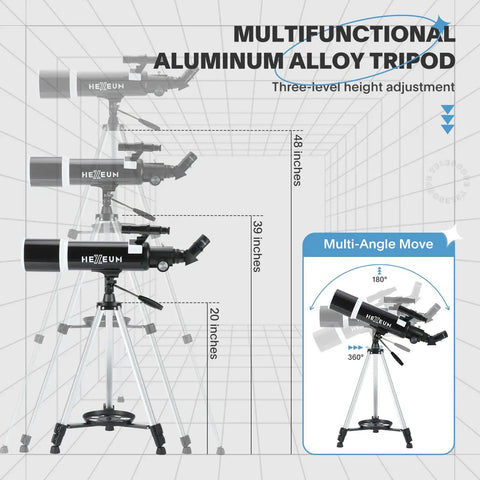 Beginner Friendly 80mm Refractor Telescope Kit With 600mm Focal Length on adjustable aluminum alloy tripod.