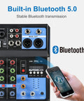 Five Channel DJ Mixer With Bluetooth USB Audio Interface And 48V Phantom Power shown with smartphone for streaming