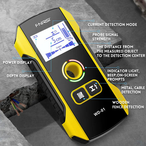 6 In 1 Wall Stud Finder And Detector with display showing detection modes and features on concrete surface