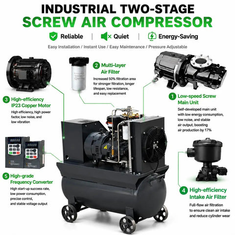 Heavy Duty 10Hp Portable Rotary Screw Air Compressor With 7.5Kw Motor And 30 Gal Tank Offers Steady Air Supply For Industrial Use Perfect For Pneumatic Wrenches And Heavy Tools Reliable Performance