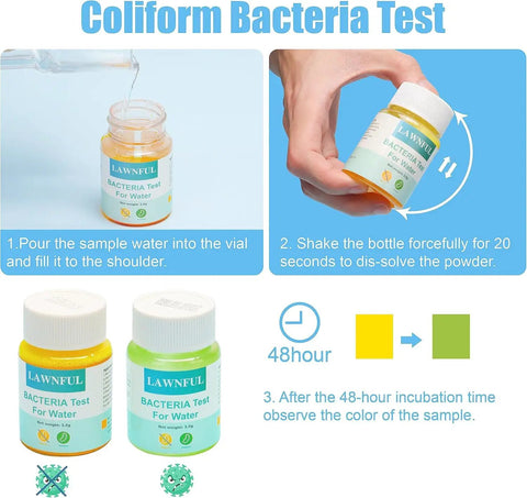 Coliform Bacteria Test kit showing instructions to pour water sample, shake bottles, and observe results for safe water testing.