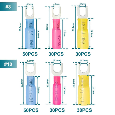 Fork Connectors Heat Shrink Set With Tinned Copper Terminals Waterproof DIY Friendly 220 Piece shown in blue, red, and yellow.