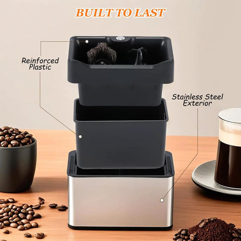 Automatic Electric Espresso Knock Box Offering Rapid Portafilter Cleaning For Fast Ground Removal on a wooden table.