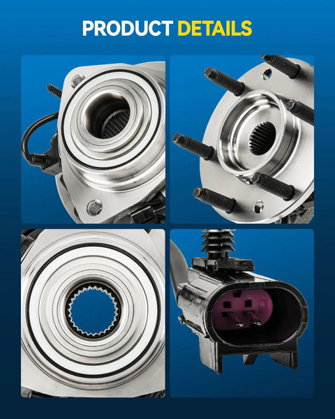 Front wheel hub bearing assembly with ABS for six-lug wheels, silver metal.