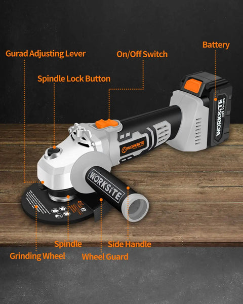 Cordless 4-1/2 Inch Angle Grinder Kit With 9000 RPM 4-Pole Motor, 4.0Ah Battery And Charger Included, Includes Cutting Wheels, Grinding Wheels, Flap Discs, And Adjustable Auxiliary Handle For Smooth Metal, Tile, And Concrete Cutting