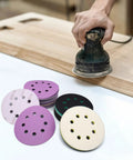 5 Inch Sander Foam Pad Set With 4 Pads And 5 Inch Ceramic Sanding Discs 80 To 1000 Grit 40 Pieces in use on wood surface
