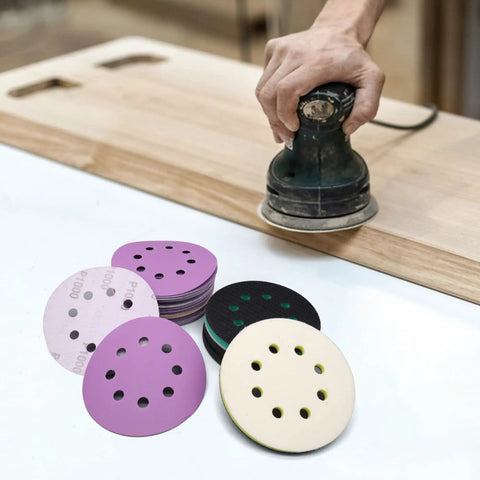 5 Inch Sander Foam Pad Set With 4 Pads And 5 Inch Ceramic Sanding Discs 80 To 1000 Grit 40 Pieces in use on wood surface