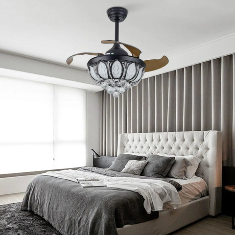 Ceiling Fan with Light Retractable Blades 6 Speeds Modern 2200LM for in stylish bedroom with crystal details.
