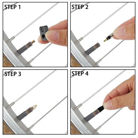 Step-by-step use of the Must Have Tubeless Valve Kit For Road And MTB With Brass Presta Adapter And Core Remover Tool 23 Piece Set