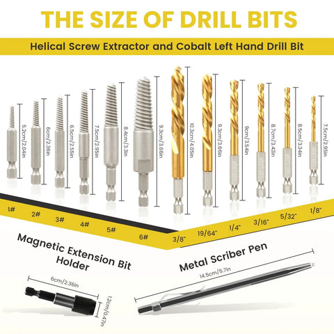 14 Piece Screw Extractor And Left Hand Drill Bit Set For Easy Out Removals With Cobalt HSS Steel Drill Kit size chart and tools.