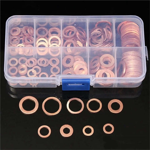 Heavy Duty Copper Washer Gasket Kit With 100 To 200 pcs Plus Nuts Bolts For Car Sump Plug Seals Engine Fixes Heat Resistant Performance Reliable Universal Fit For Many Types Ensuring Tight Seals For Part Maintenance Auto Repair Easy Install Today, assorted M4-M14 washers in case