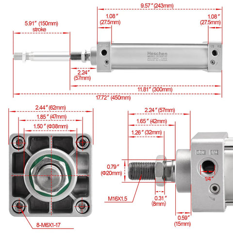 Standard Pneumatic Cylinder SC 50-150 With Port Size PT Quarter Inch, 50mm Bore, 150mm Stroke, diagram with dimensions