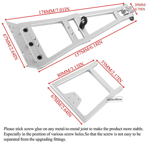 Heavy Duty RC Winch Dual Stent Rescue Set Tow Crane Arm Wrecker Kit For One Tenth Scale RC Crawlers SCX10 TRX4 Capra LCG Chassis DIY Truck Tow Build Kit Silver showing measurements.