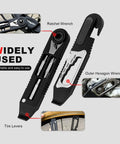 All In One Bike Repair Kit With 14 In 1 Tools showing ratchet wrench, tire levers, and outer hexagon wrench for MTB and road bikes.