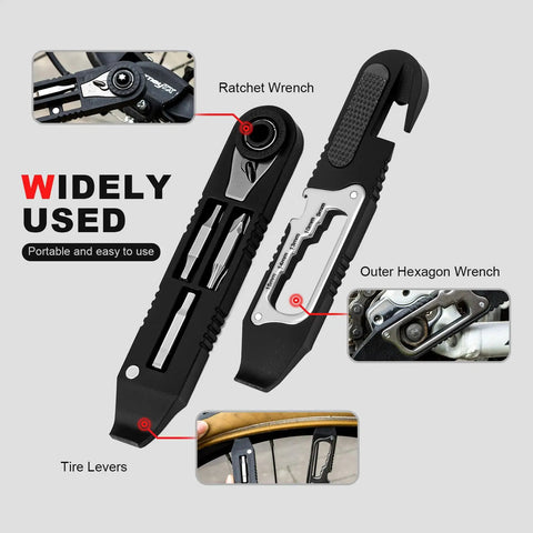 All In One Bike Repair Kit With 14 In 1 Tools showing ratchet wrench, tire levers, and outer hexagon wrench for MTB and road bikes.