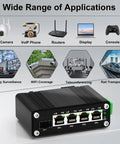 4-Port Gigabit PoE Plus Switch with SFP, 120W budget, shown with application icons for diverse industrial and off-grid uses.