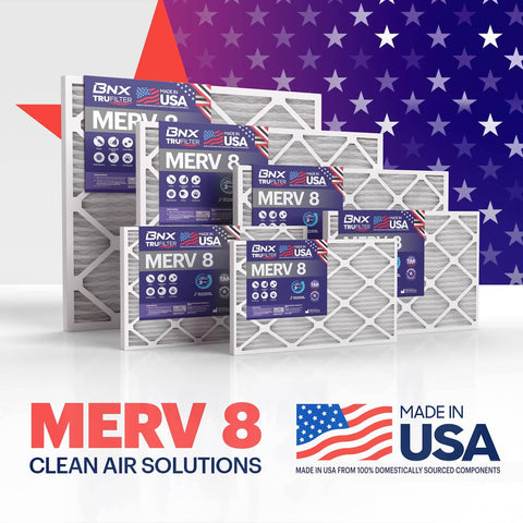 20x25x1 Air Filter MERV 8 6 Pack Made In USA Electrostatic Top Notch Pleated Filter with USA flag background