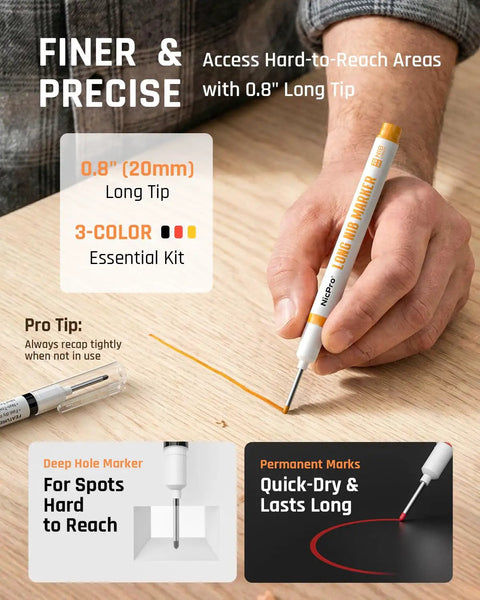 Built Like A Tank Carpenter Pencil Set With Sharpener And Eraser Includes Two Wide Marking Sticks Twenty Six Colored Refills Three Deep Hole Markers Plus Snug Storage Case For Real World Job Site Grind with a long-tip marker for precision.