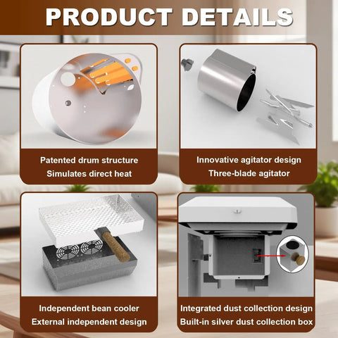 Top Shelf Home Coffee Bean Roaster With Direct Fire Roasting Drum showing patented drum, three-blade agitator, and dust collector.