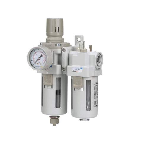 Workhorse Piggyback Half Inch NPT Air Filter Regulator Lubricator Combo with gauge and poly bowl