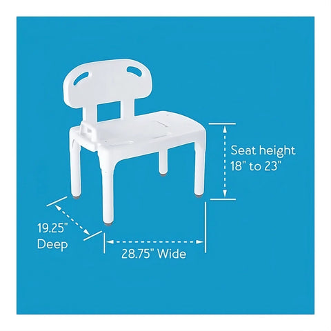 Universal Tub Transfer Bench Bath Seat With Backrest And Adjustable Legs For Left Or Right Hand Entry dimensions shown