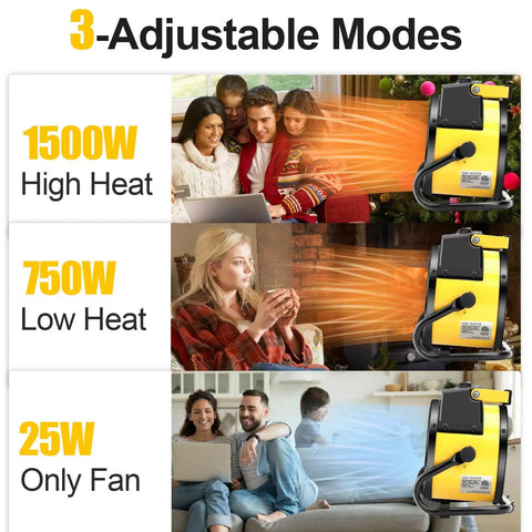 1500W Portable Garage Heater with Lightning Fast Heat in Three Seconds Overheat Protection Indoor Outdoor Space Heater for Garage Patio or Greenhouse Yellow Finish Keeps You Cozy All Season showing 3 adjustable modes: high, low, and fan only