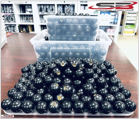 Front view: SB Distribution Ltd black phenolic ABS ball knobs with brass inserts; 3/8-16 thread.