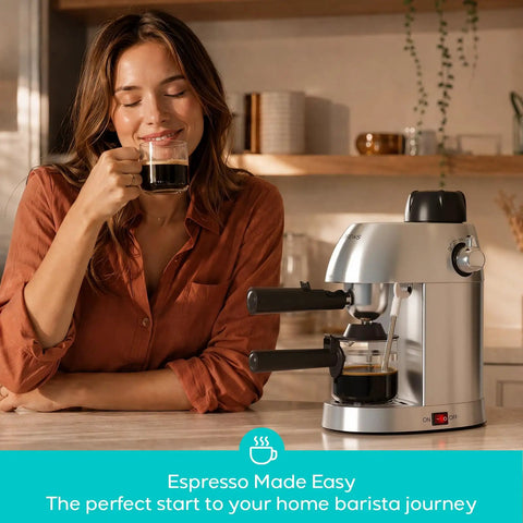 Premium Home Espresso Machine With Built In Milk Frother And Rapid Steam Wand For Bold Slick Coffee Shots Creamy Diner Style Lattes And Effortless Weekend Brews Right On Your Kitchen Counter with a woman enjoying espresso.