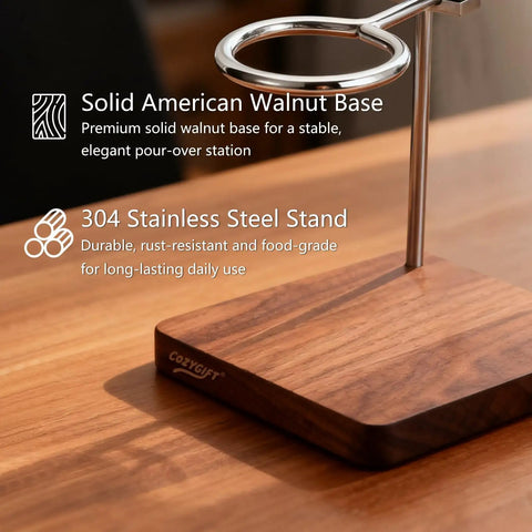 Premium Sturdy North American Black Walnut Pour Over Coffee Maker Stand with steel holder and elegant walnut base.