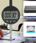 Electronic Digital Dial Indicator Gauge Pro Grade With Inch And Metric Measurement, showcasing LCD, storage case, and battery