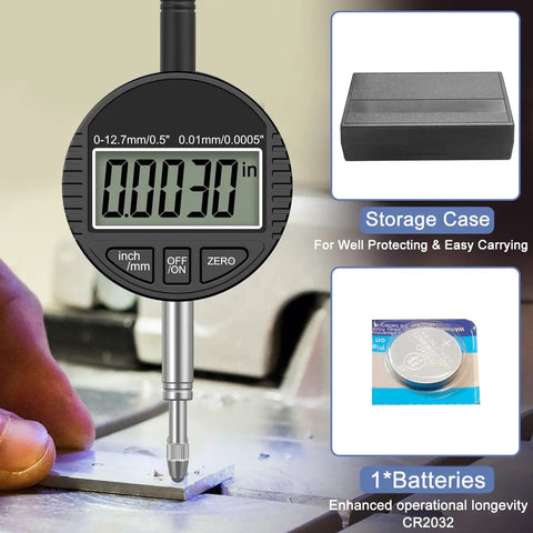 Electronic Digital Dial Indicator Gauge Pro Grade With Inch And Metric Measurement, showcasing LCD, storage case, and battery