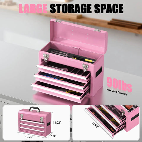 3-Drawer Metal Tool Box With Locking Mechanism And EVC Liners, Pink Finish, Heavy-Duty Steel Construction For Garage, Workshop Or Home Use