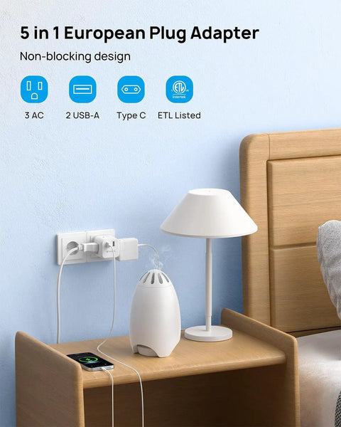 European Travel Plug Adapter With 3 Outlets And 2 USB Ports on bedside table in use