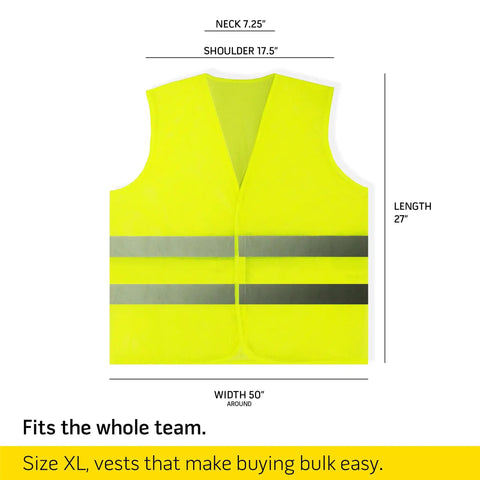 Front view of XL size yellow hi-vis vest with silver strips; 20 Pack Yellow Hi Vis Reflective Safety Vests With 360 Degree Visibility And Silver Strips Mesh Lightweight For Work, Cycling, Running, Construction Unisex Fit.