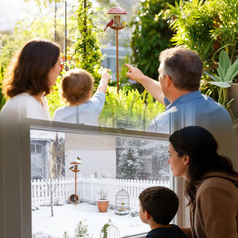 Family observing Must Have Durable Metal Bird Feeder On A Sturdy Stand Pole For Outdoor Yard Garden And Patio Decor through a window in summer and winter settings.