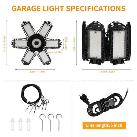 Two Pack 185W LED Garage Lights with 6 Adjustable Foldable Panels, 18500 Lumens, 6500K Cold White, Plug In, Hardware Included