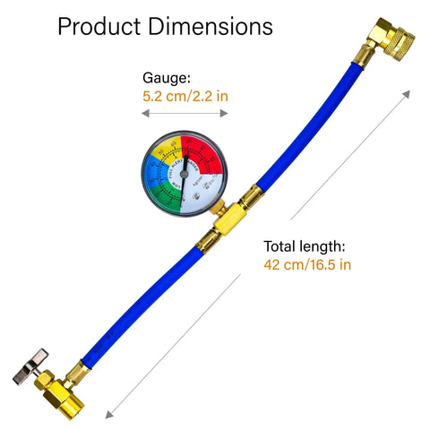 R134A Car AC Refrigerant Recharge Hose Kit With Gauge, 42 cm length, 5.2 cm gauge, puncture style, pressure monitor