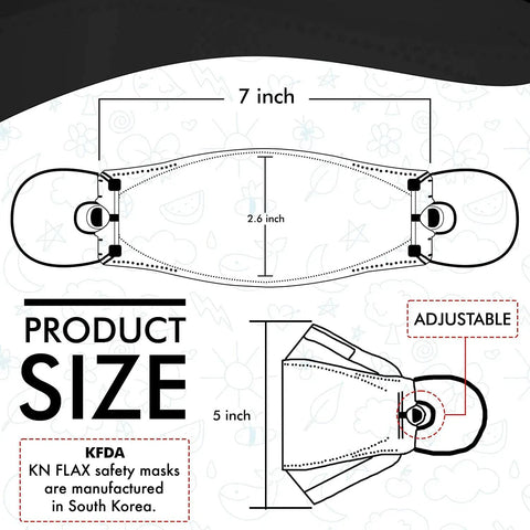 Diagram showing KF94 Mask For Protection Adjustable Easy Breathing Four Layer Filter Made In Korea with dimensions in inches.