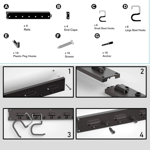 Installation steps for 64 Inch Garage Storage Organizer Wall Mount For Tools And Cleaning Essentials with hooks and rails.