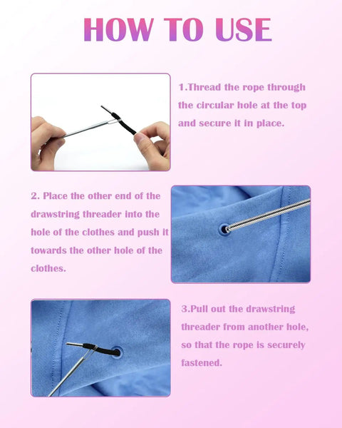 Instructional guide using 4 Pack Spring Drawstring Threader Kit A Flexible Elastic Rope Threader Tool for DIY string replacement