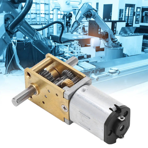 Close-up of 6V Micro Geared Motor with 100 RPM Gear Reduction for robotics, showing brass and zinc alloy gears.