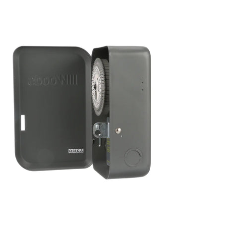Outdoor 24 Hour Heavy Duty Mechanical Timer Switch 120V 40 SPST Programmable For Lights Pumps And Appliances Rugged And Beefy Outdoor Timer For Auto Lighting And Power Black, open view showing dial and settings.