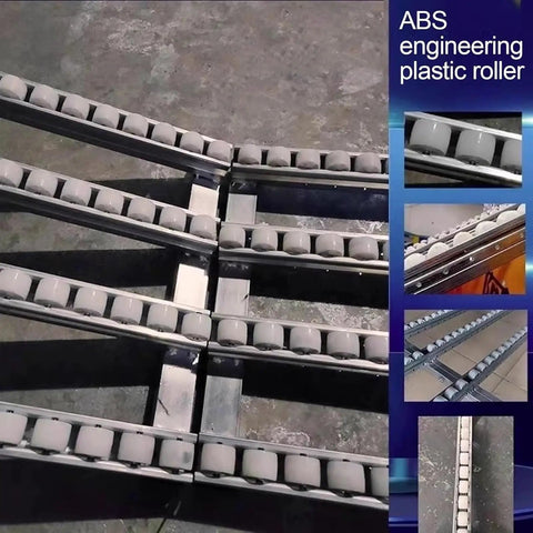 Light Duty Gravity Conveyor Slides With Smooth ABS Plastic Rollers For Effortless Cartons And Barreled Water Moving On Portable Metal Frame, close-up of rollers.