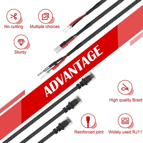 Image of 14 Inch Upgraded Mirror Wire Tap Radar Detector Hardwire Power Cord Kit with braided RJ11 mount and reinforced connections.